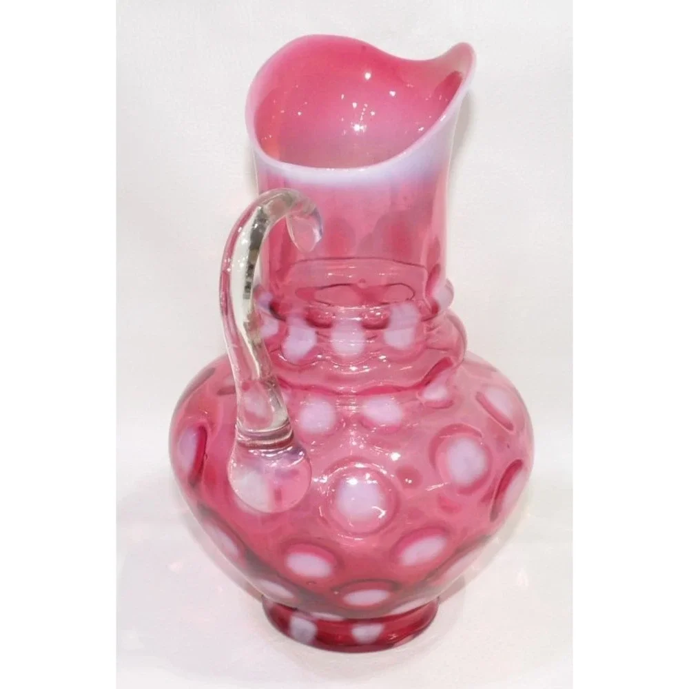 Vintage Cranberry Opalescent Coin Dot Glass Pitcher Ruffled Rim Applied Handle